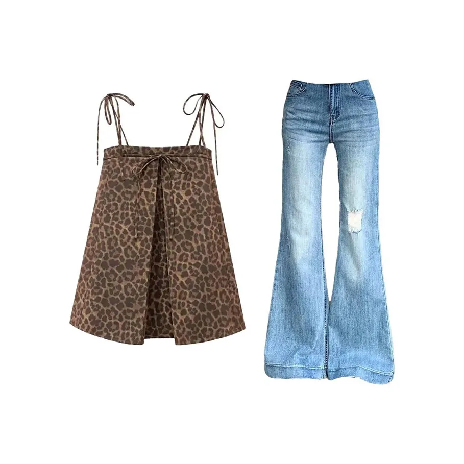 MARIE·COCO Леопардовый принт Майка+Джинсы Женские Повседневные костюмы