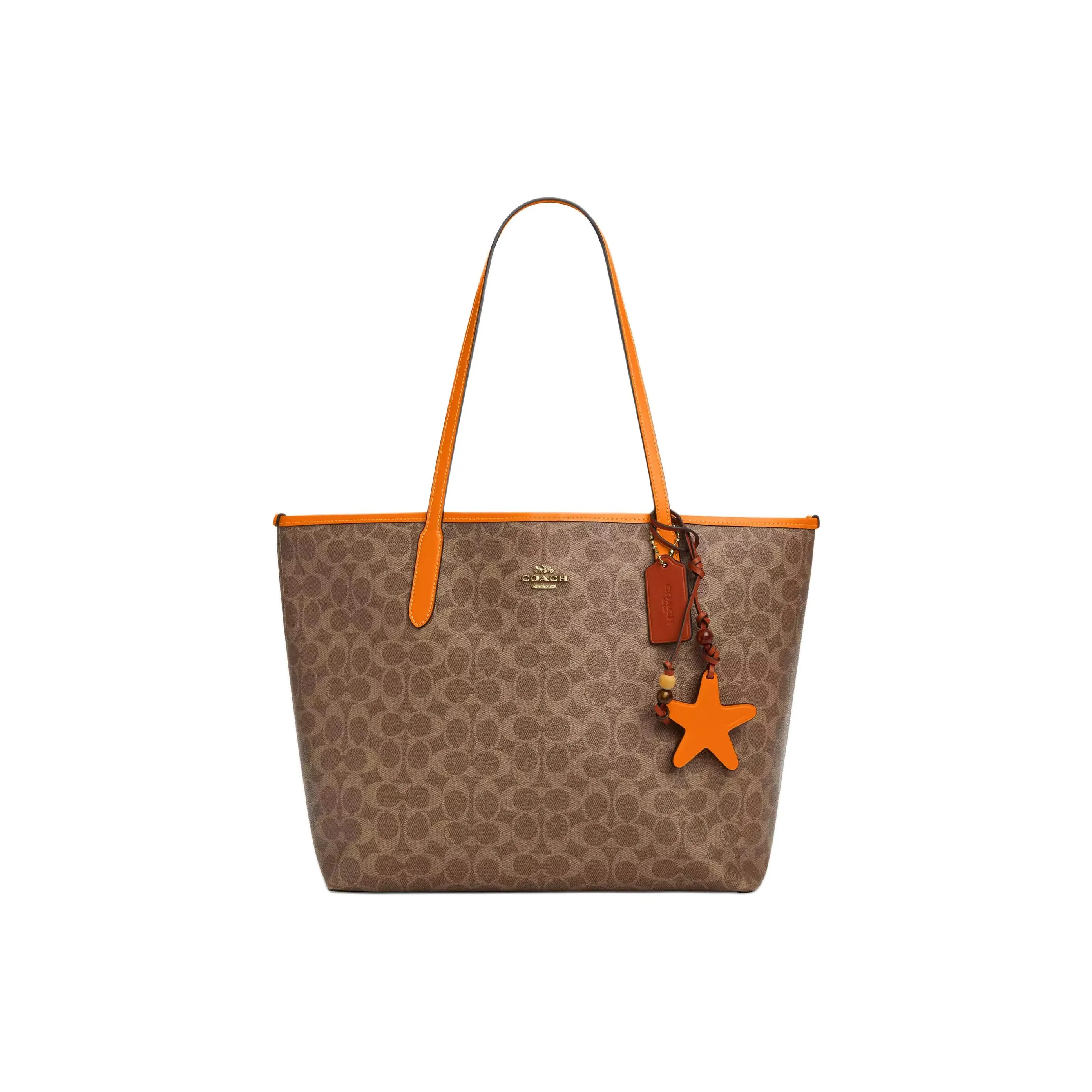 COACH Canvas Покрытый холст с кожаными вставками Тоут Сумка Сумка для покупок Сумка на плечо Большая женская Коричневый