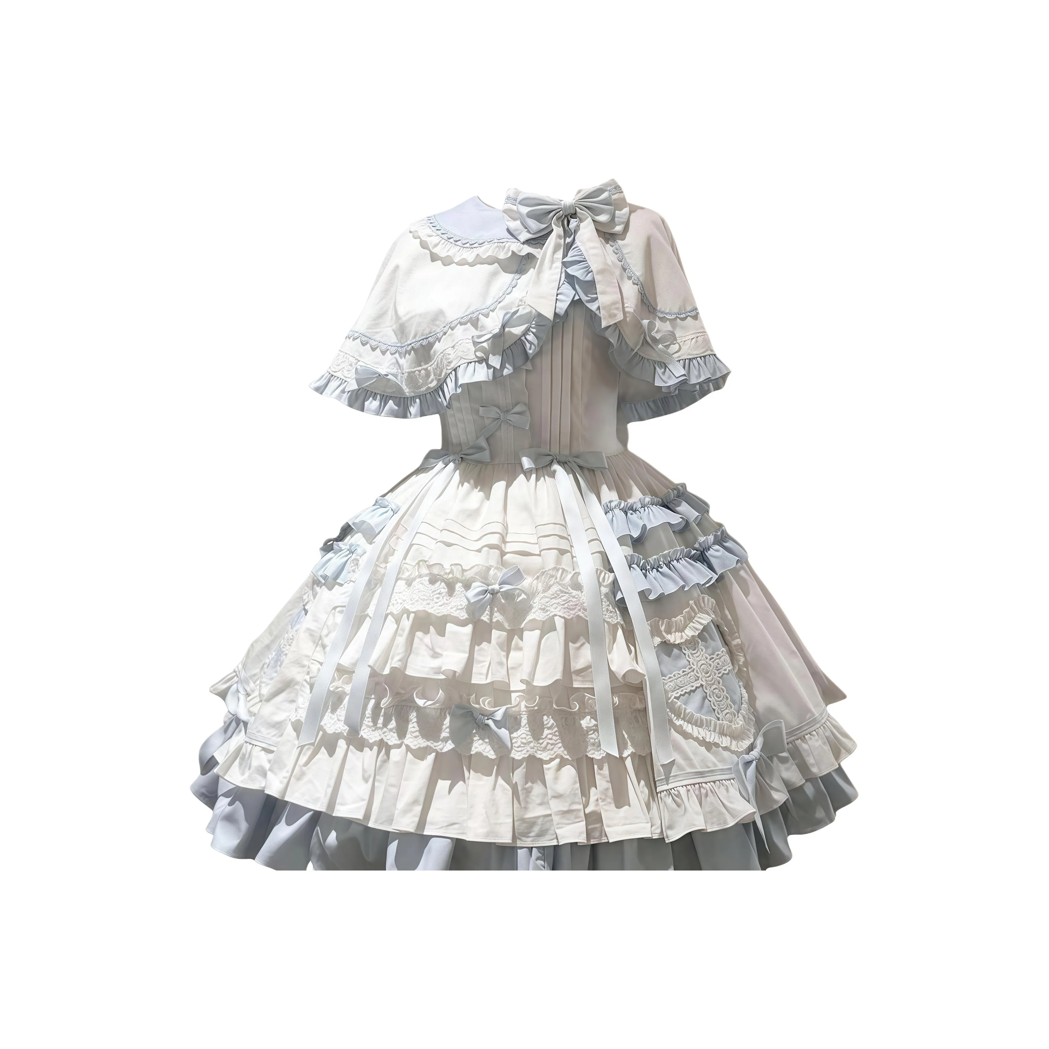 WLEQK Синий Белый JSK Короткая Юбка + Плащ Полный Комплект Женские Лолита Платья