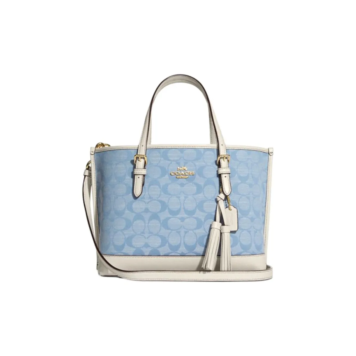 COACH Canvas With Leather Tote Bag, Shopping Bag, Handbag, Crossbody Bag Medium Size Women's Blue Monogram White