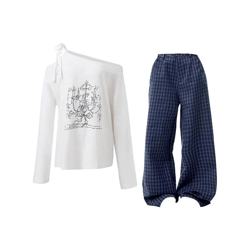 MARIE·COCO Белый топ + Клетчатые штаны Женские Повседневные костюмы