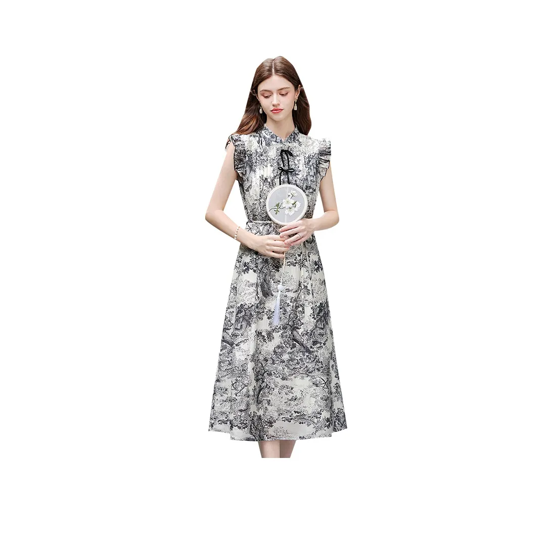TOUCH Short Sleeved Dress Women's Beige With Black And Gray Painting