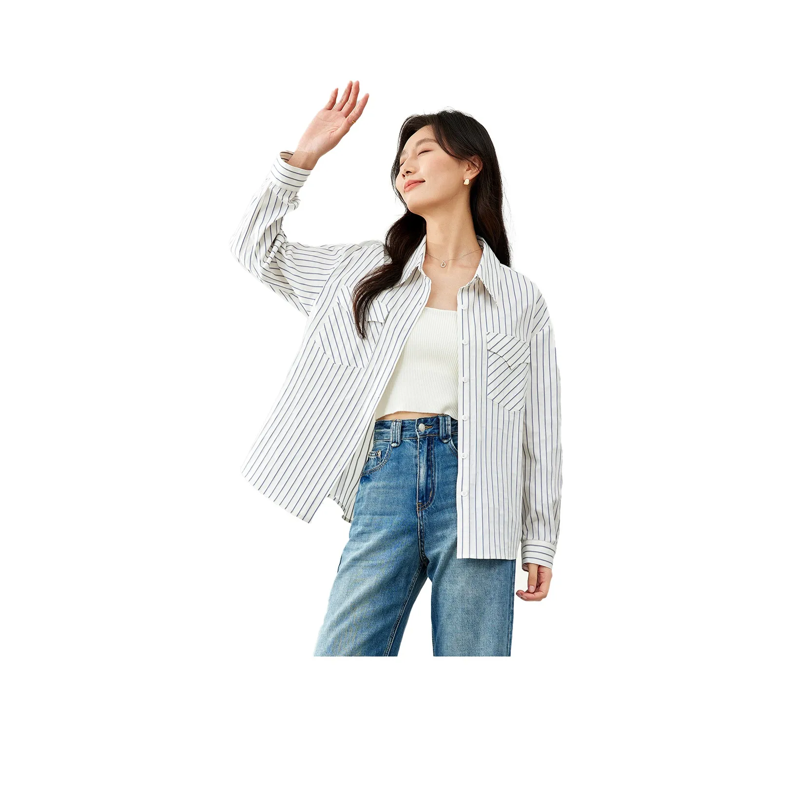 VIMLY Shirt Women's White Base With Blue Stripes