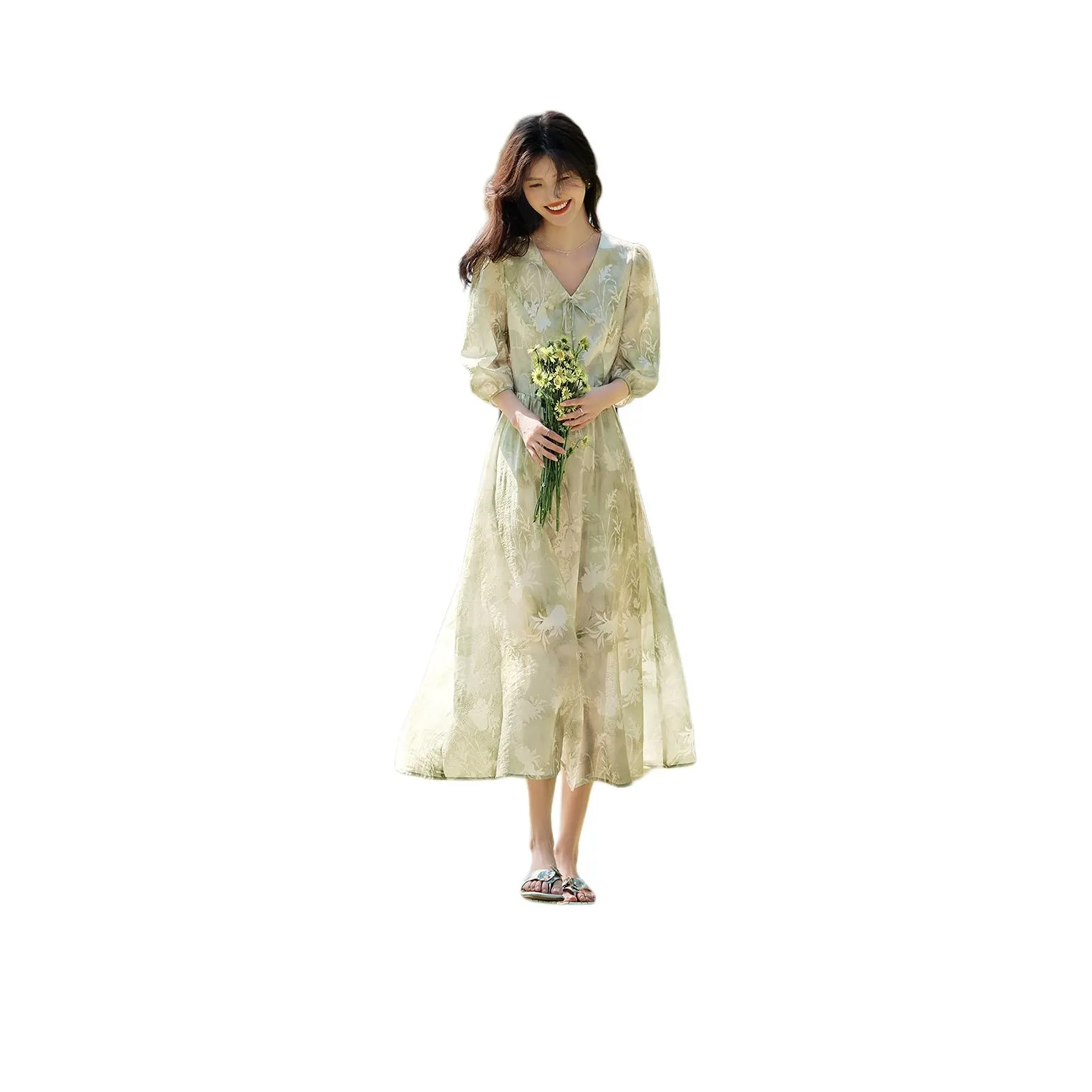 XWI Long Sleeved Dress Women's Light Tea Brown Green