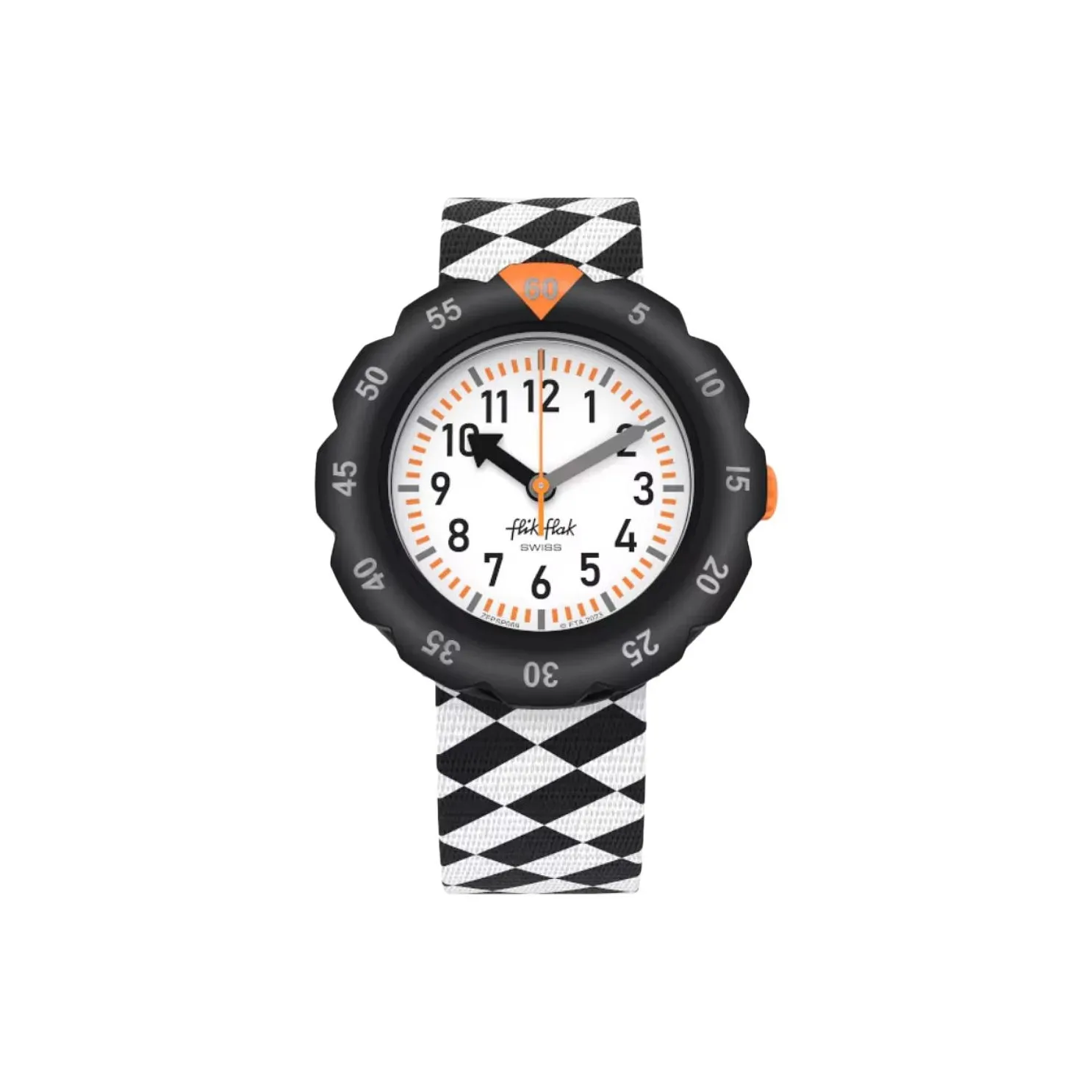 SWATCH Flik Flak Feifei Series Кварцевый механизм Детские часы 35 мм Белый циферблат Пластиковый корпус Часы Тканевый ремешок