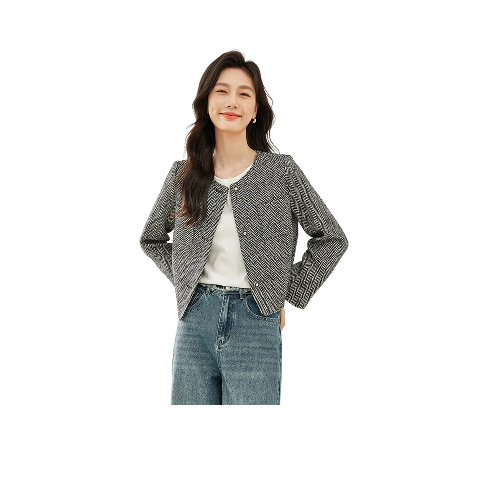 VIMLY Cropped Coats Women's Black White Herringbone