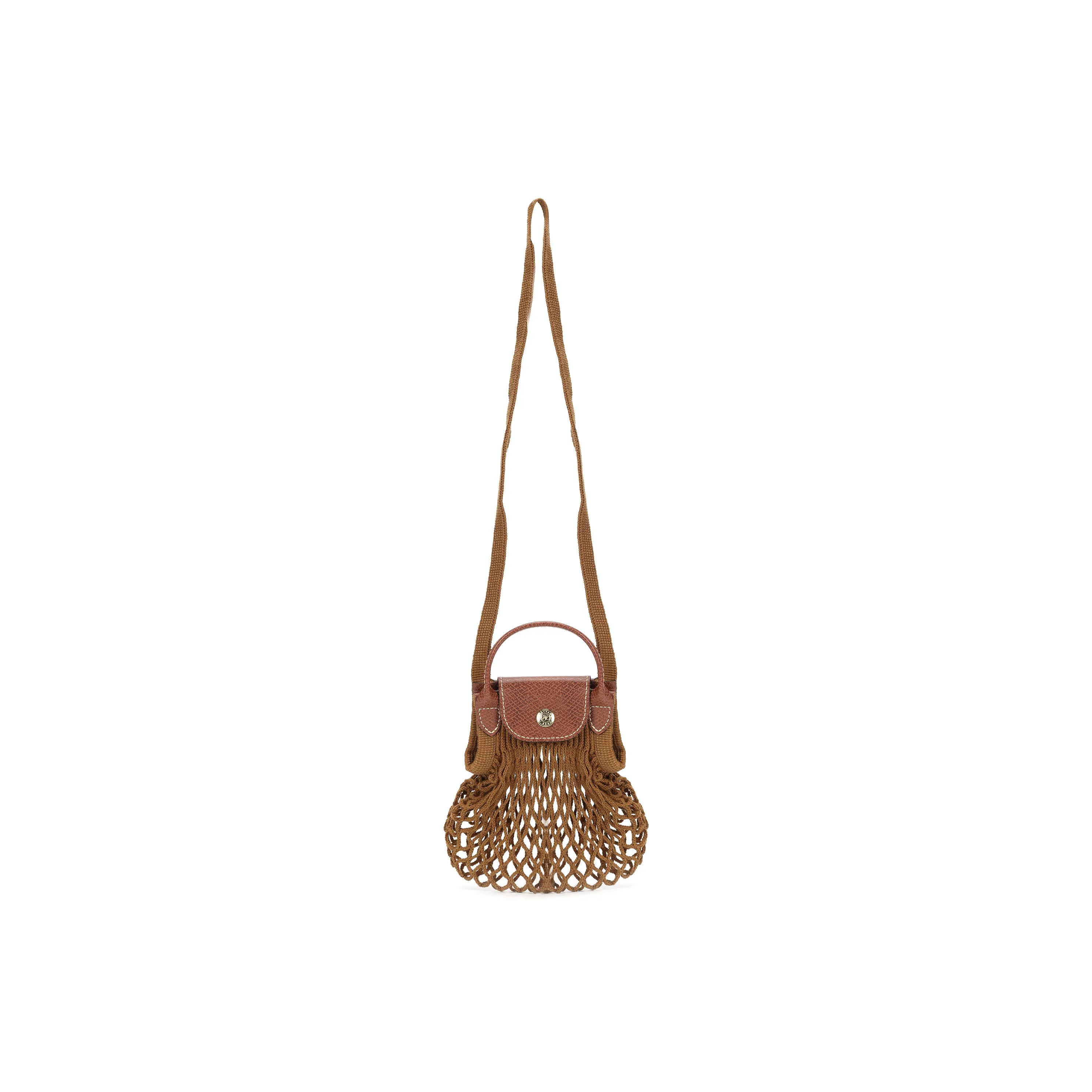 LONGCHAMP Le Pliage Filet 100% Cotton Leather Trim Crossbody Bag Regular Women's Cognac Brown