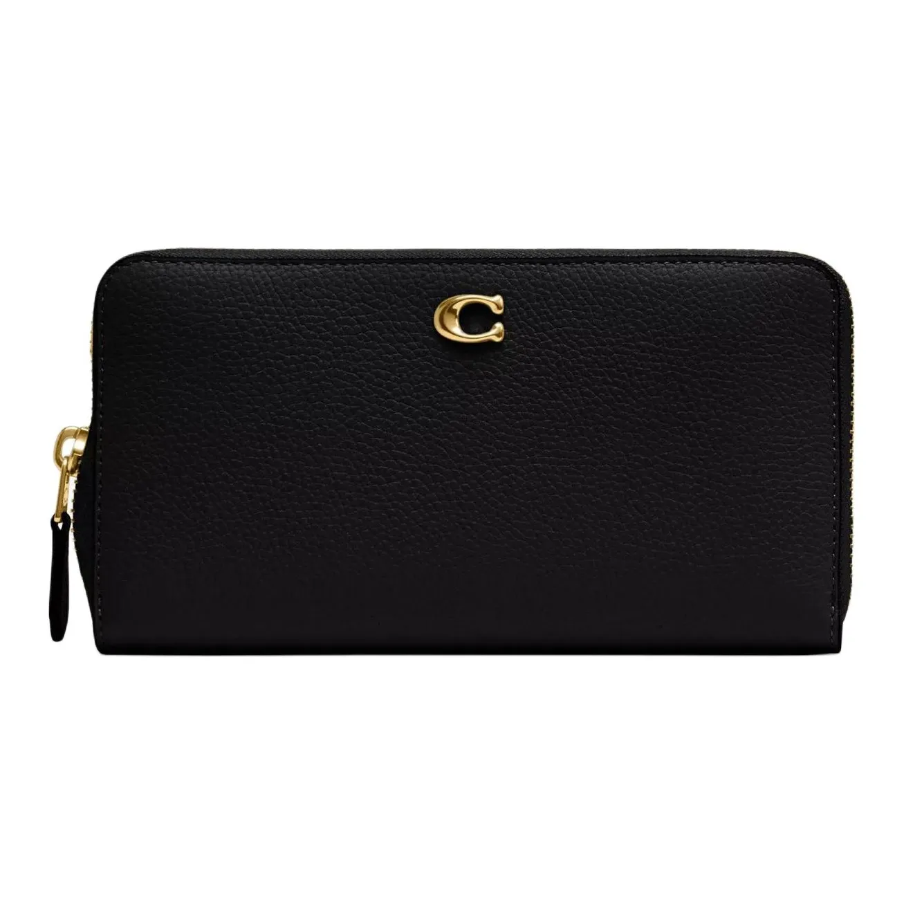 COACH Accordion Zip Polished Pebble Leather Wallet Trumpets Women's Brass & Black