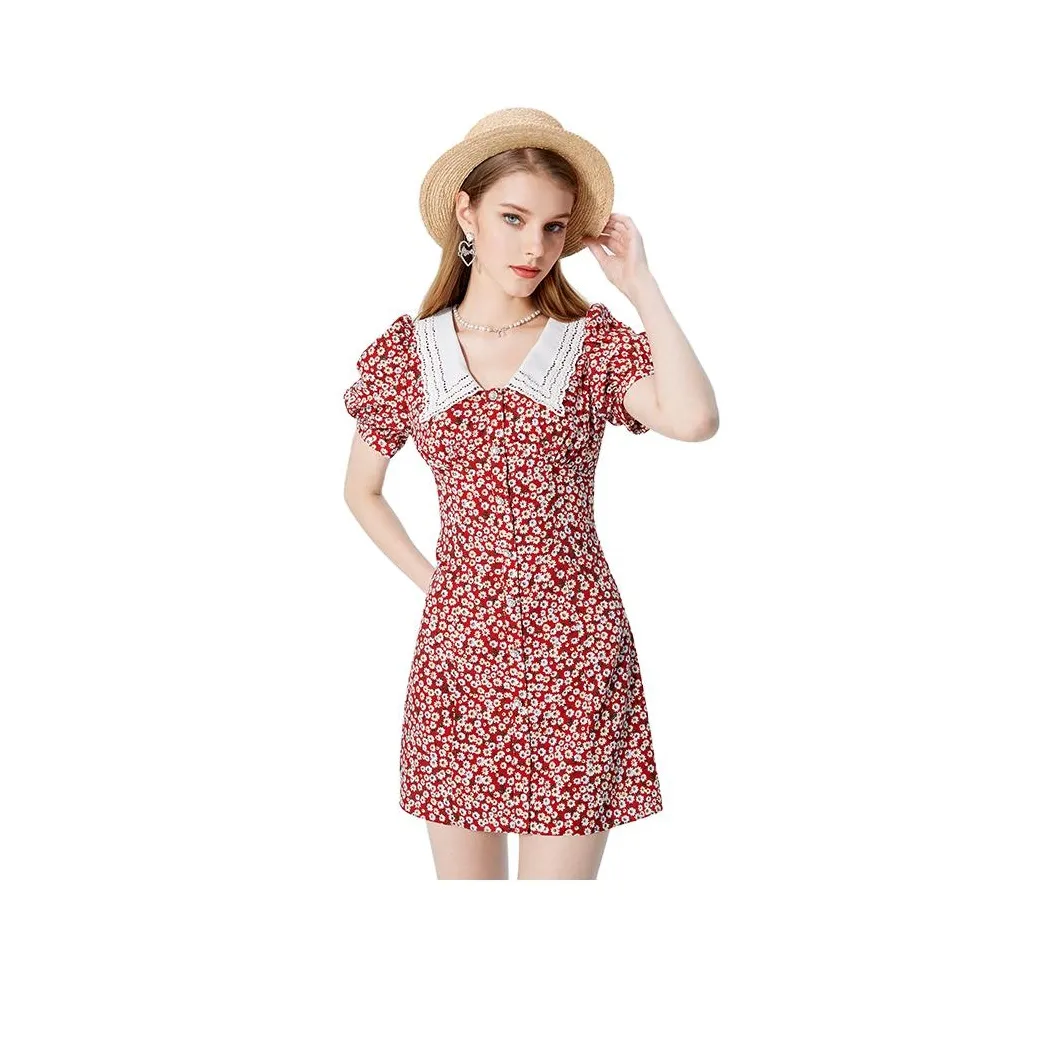 AIVEI Short-Sleeved Dresses Women's Vintage Red