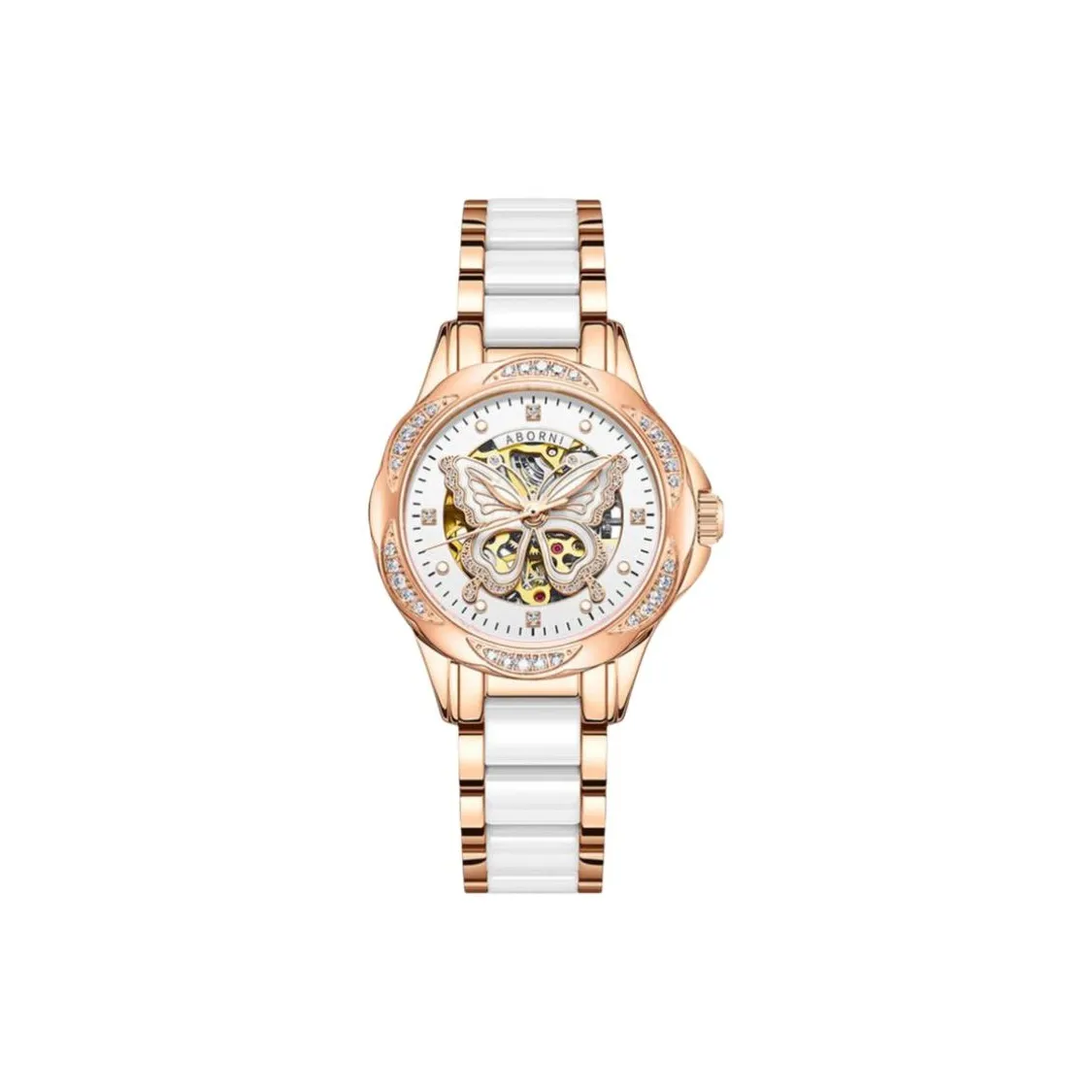 ABORNI Cherished Love Collection Automatic Mechanical Movement Ceramic Strap Watch Women's Watch Cut Out Dial