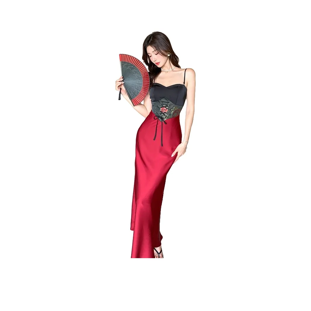 GUOZHEN Slip Dresses Women's Red, Black, Multicolor