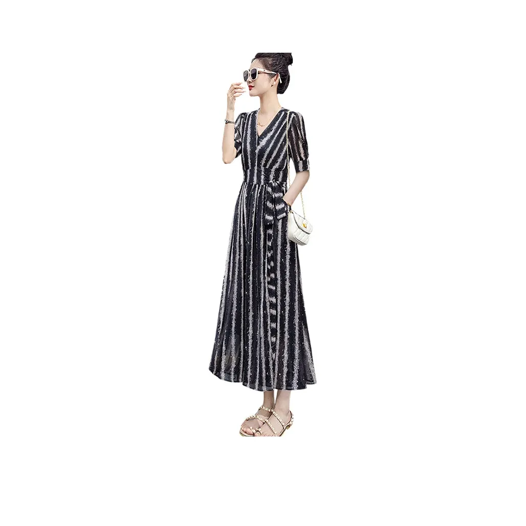 Cypress House Short Sleeved Dress Women's Black With Beige Stripes