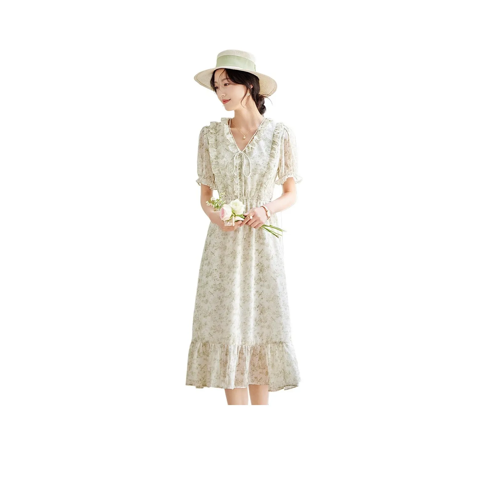 XINFEIYU Short Sleeved Dress Women's Green Floral