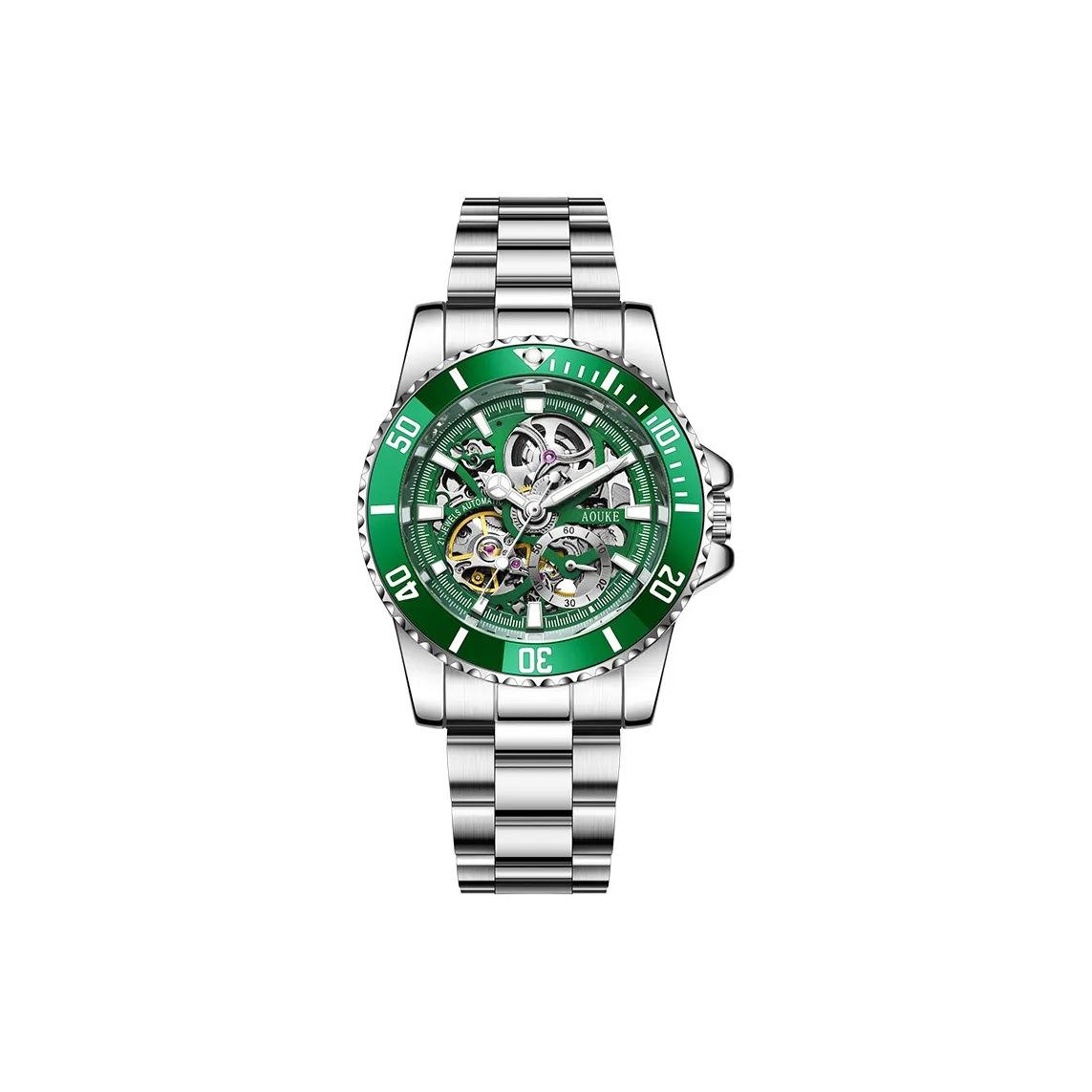 AOUKE Автоматический механический механизм металлический ремешок унисекс зеленый циферблат
