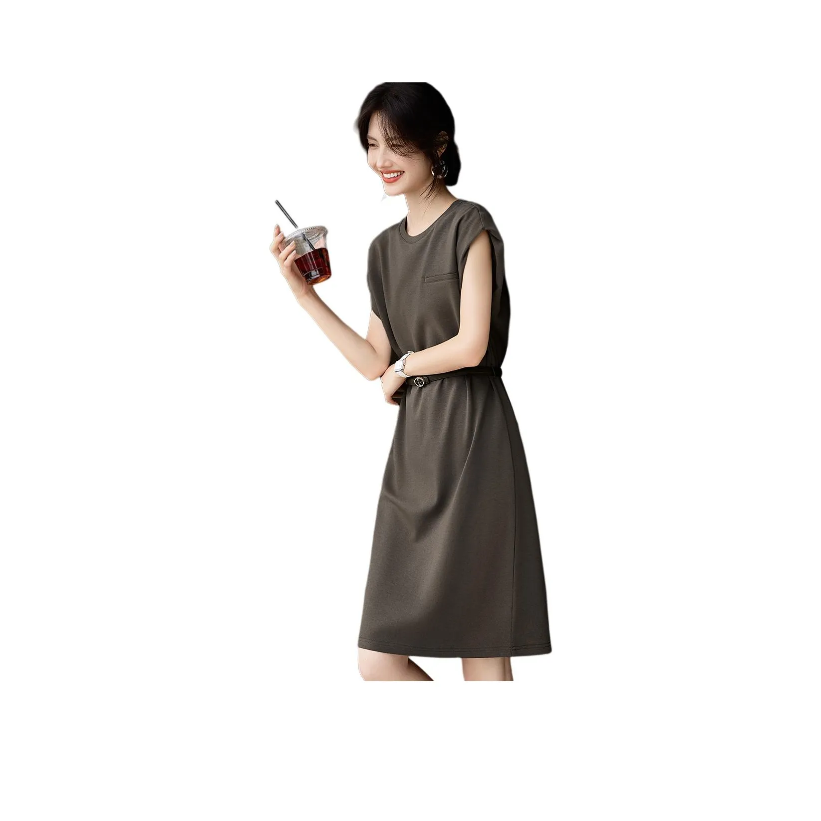 XWI SS24 Short Sleeved Dress Women's Gray Olive Green