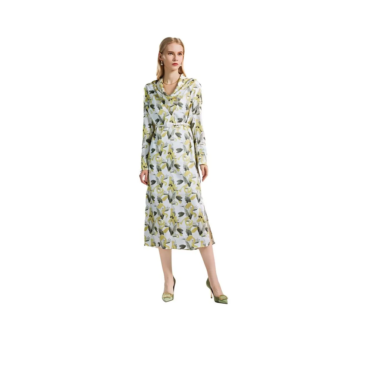 NINE WEST Long Sleeved Dress Women's White Base Green Floral