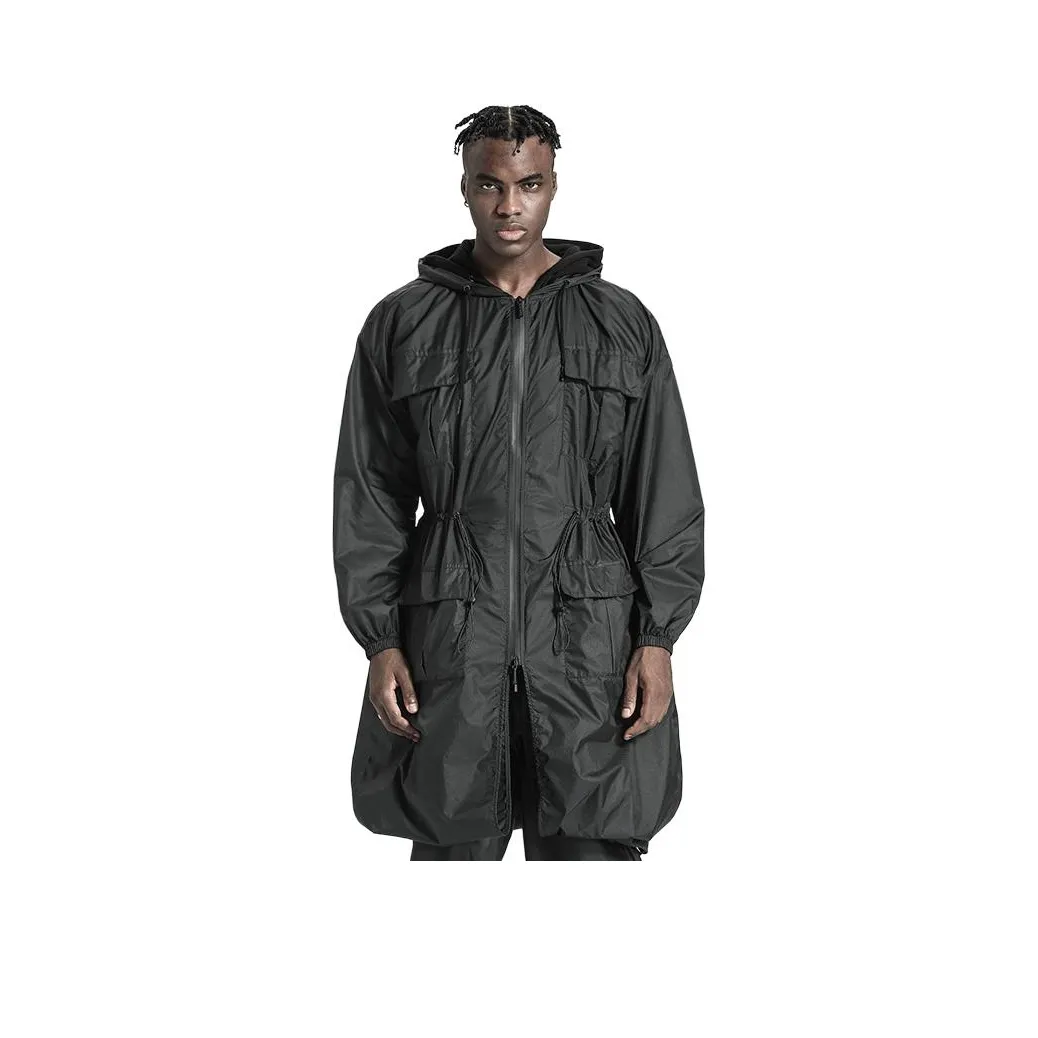 NORVINCY Black Warrior Solid Color Waist Cutting Windproof Hooded Mid Length Coat Unisex