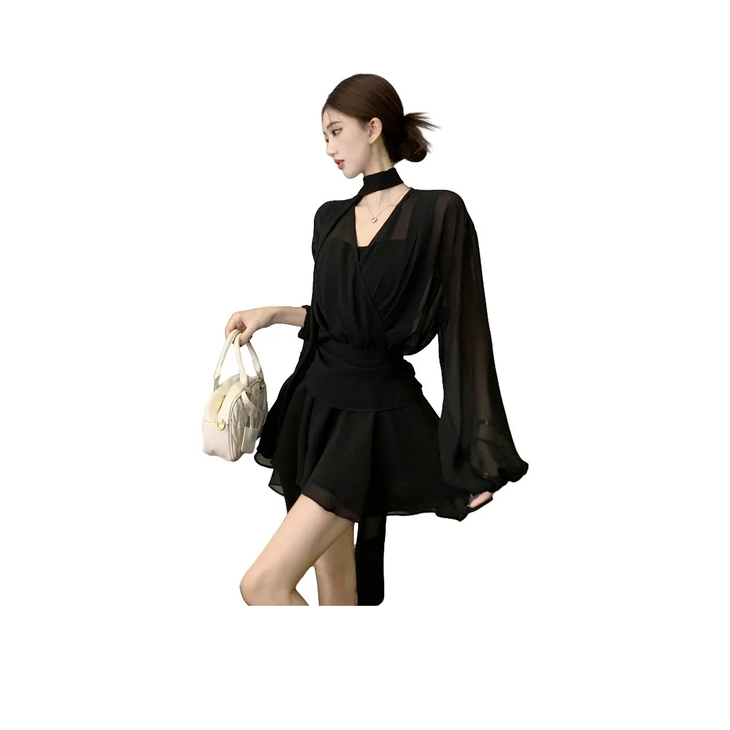 PAVEA Длинное платье с длинными рукавами женское черное