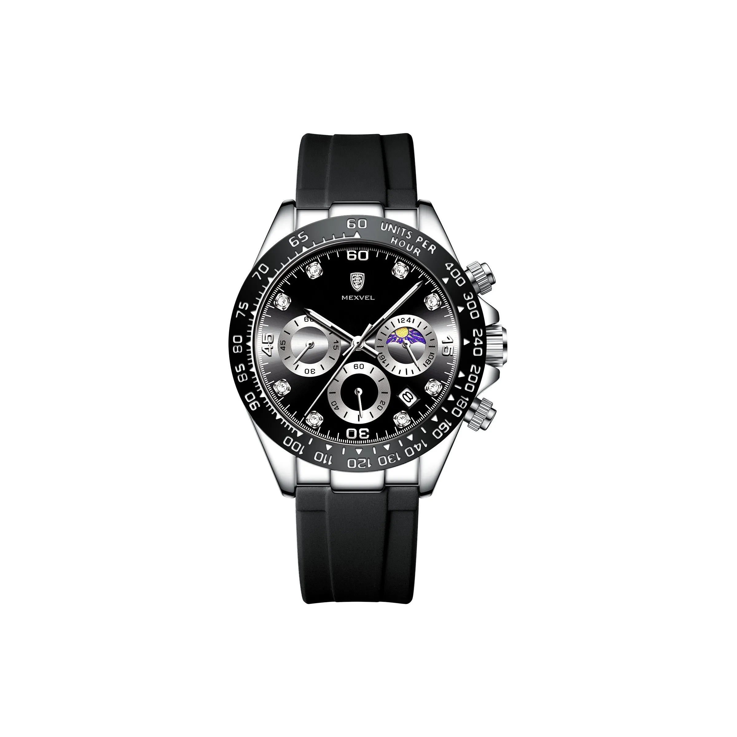 MEXVEL Спортивные водонепроницаемые светящиеся в темноте хронограф с календарем кварцевый механизм силиконовый ремешок