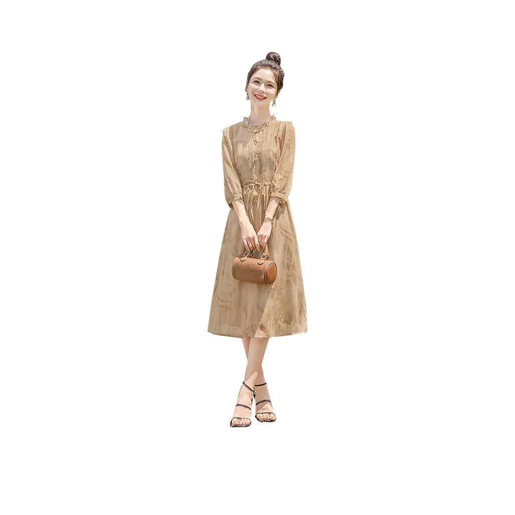 Cypress House Long Sleeved Dress Women's Light Coffee With Floral Base
