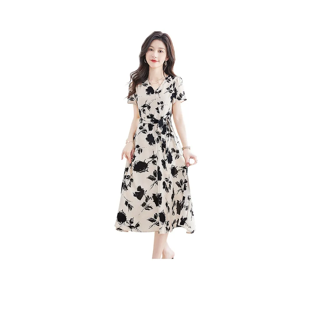 Cypress House Short Sleeved Dress Women's Beige With Black Floral