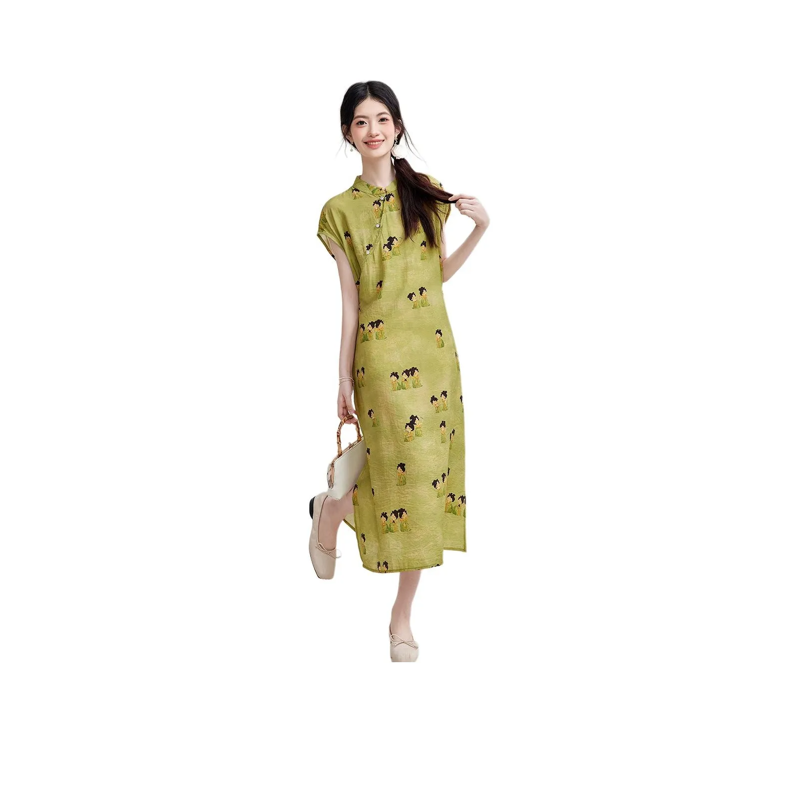 Emodues SS24 Short Sleeved Dress Women's Green Lady Painting