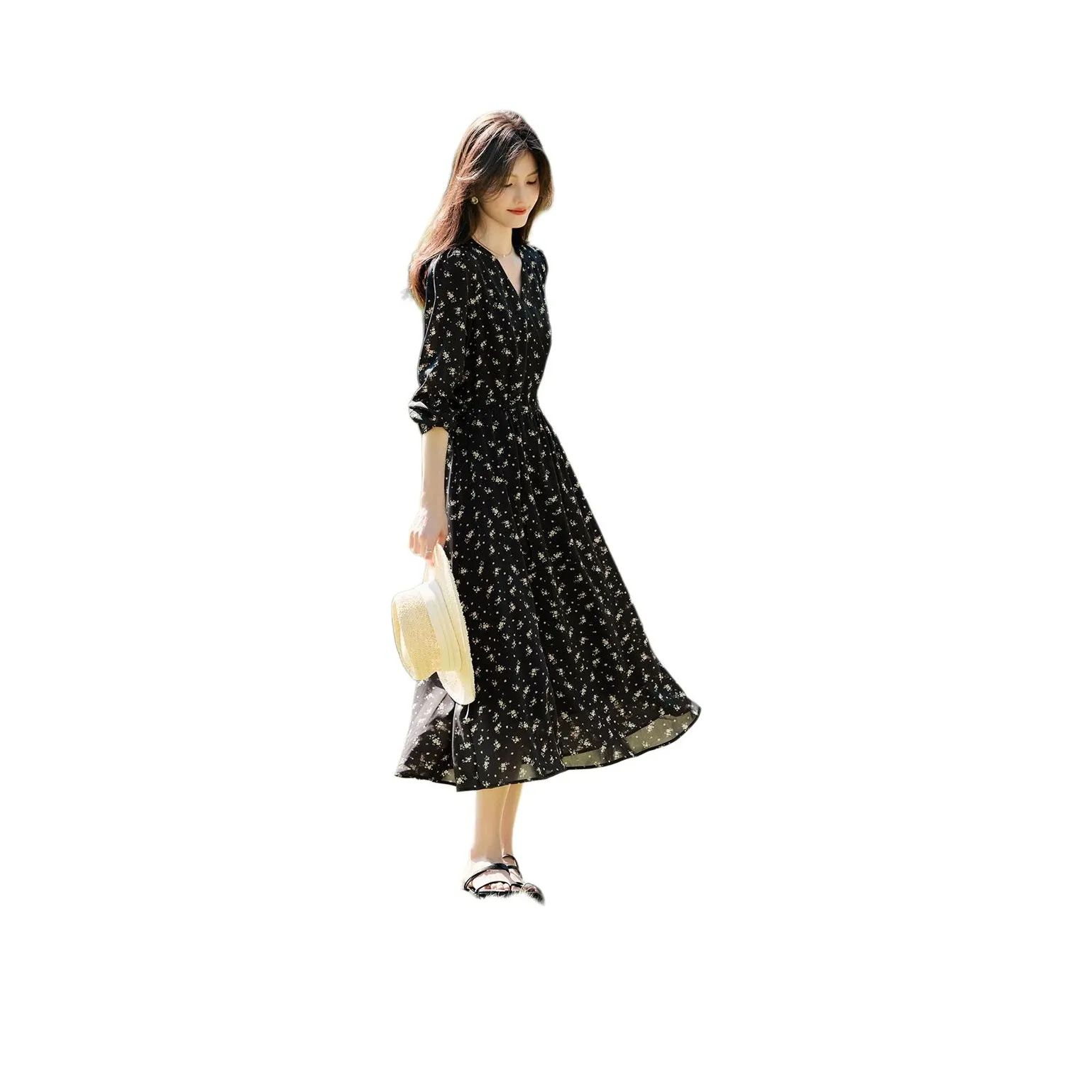 XWI Длинное платье с длинными рукавами женское черное с желтой цветочной вставкой