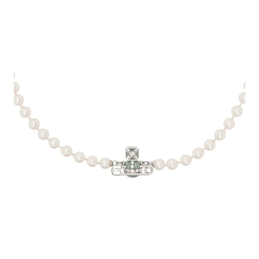 Vivienne Westwood Platinum Saturn Pin Styling Palace Embossed Pearl Necklace Women's Light Blue Silver Вивьен Вествуд Платина Сатурн Булавка Стайлинг Дворцовый Тисненый Украшение Жемчужный Ожерелье Женские Светло-синий Серебряный
