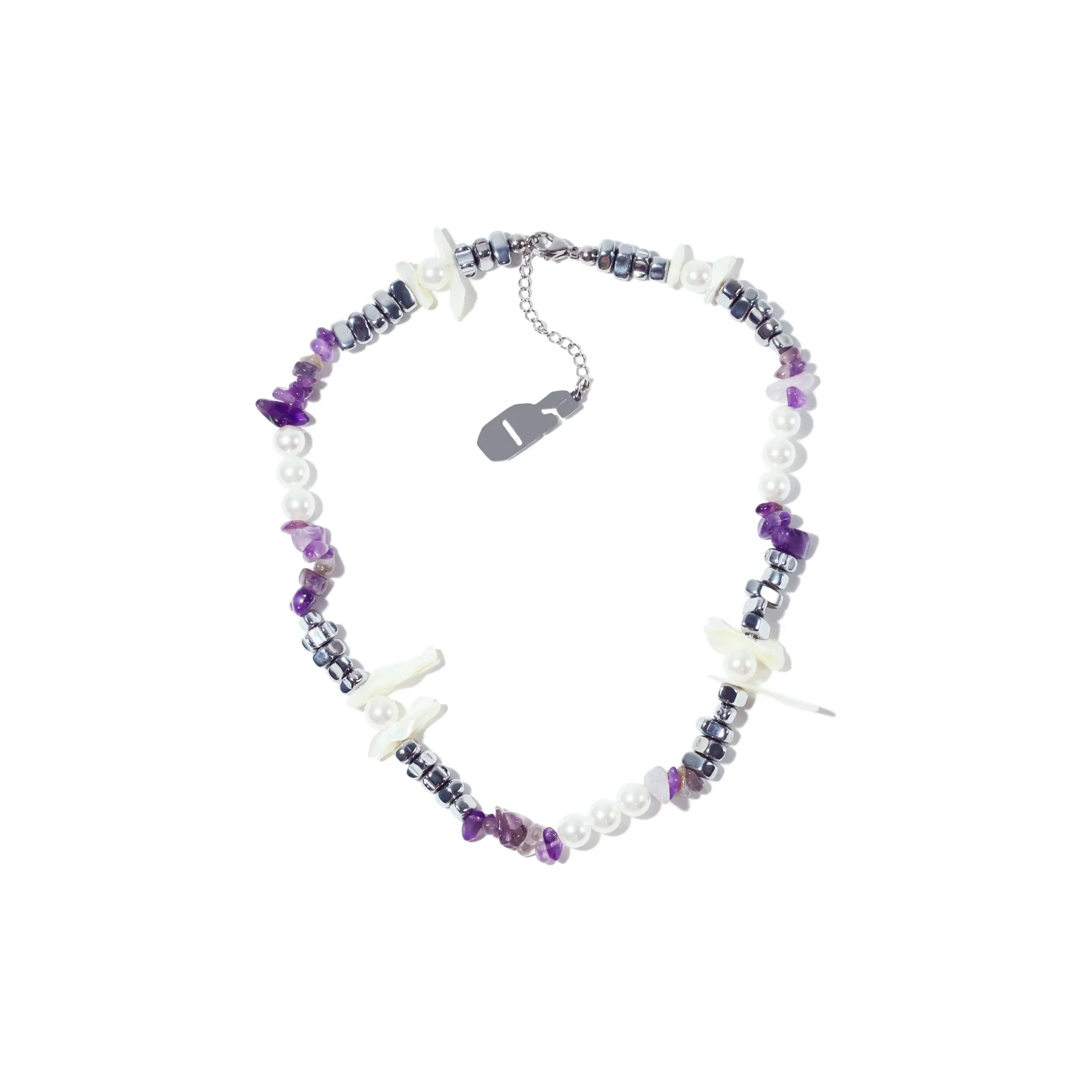 Get'em ON Фиолетовый Crushed Камень Белая раковина Бусины Серебряный Титановая сталь Ожерелья Унисекс