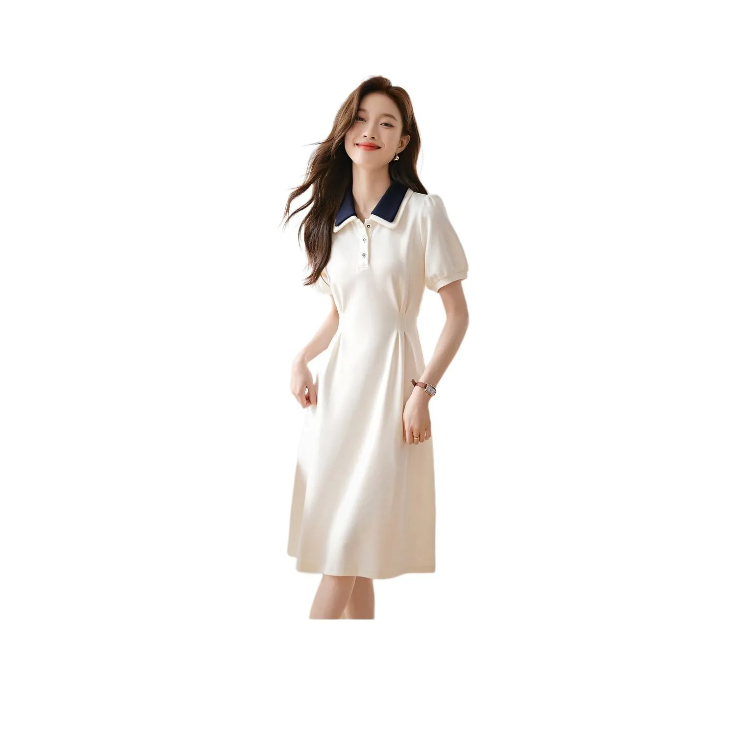 Mo Han Yi Mei Short Sleeved Dress Women's Ecru & Navy Blue