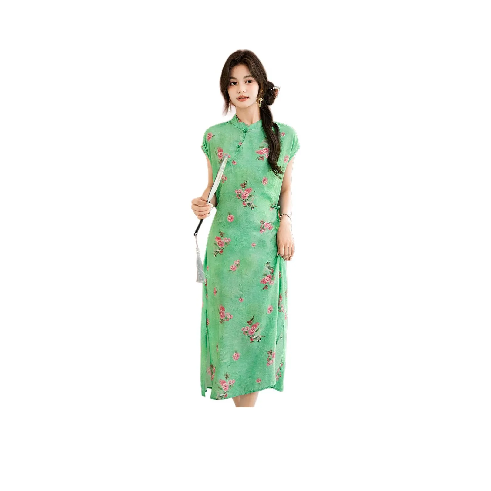 CARBAMMI Short Sleeved Dresses Women's Green Camellia Joyful Crow