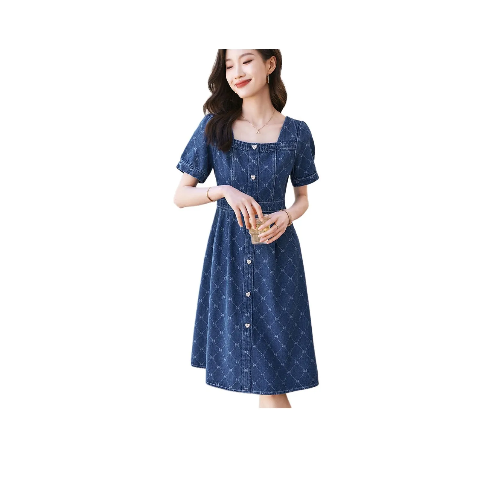 Mo Han Yi Mei Short Sleeved Dress Women's Denim Blue
