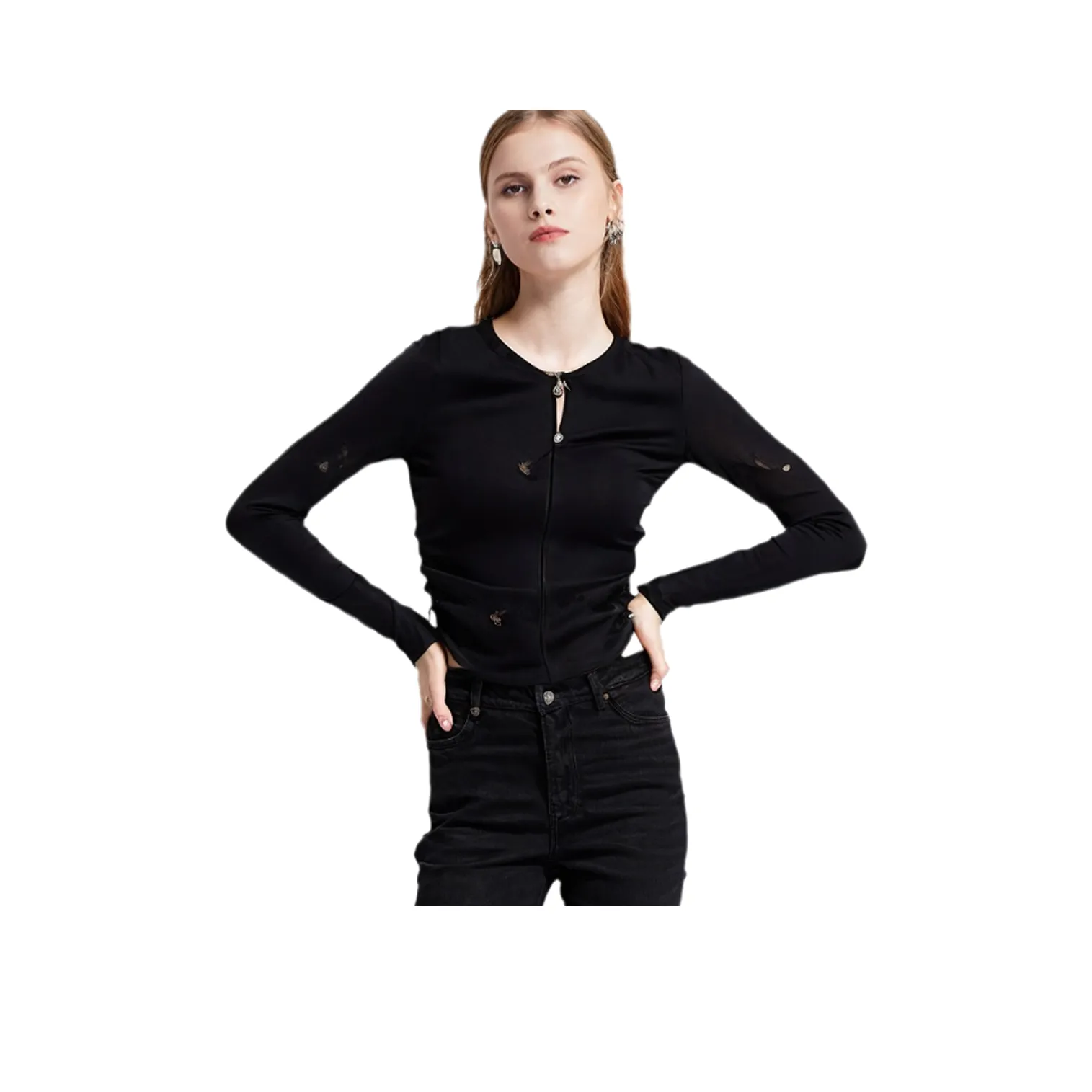 PAIN OR PLEASURE Casual Stylish Crew Neck Long Sleeved T Shirt Women's Black