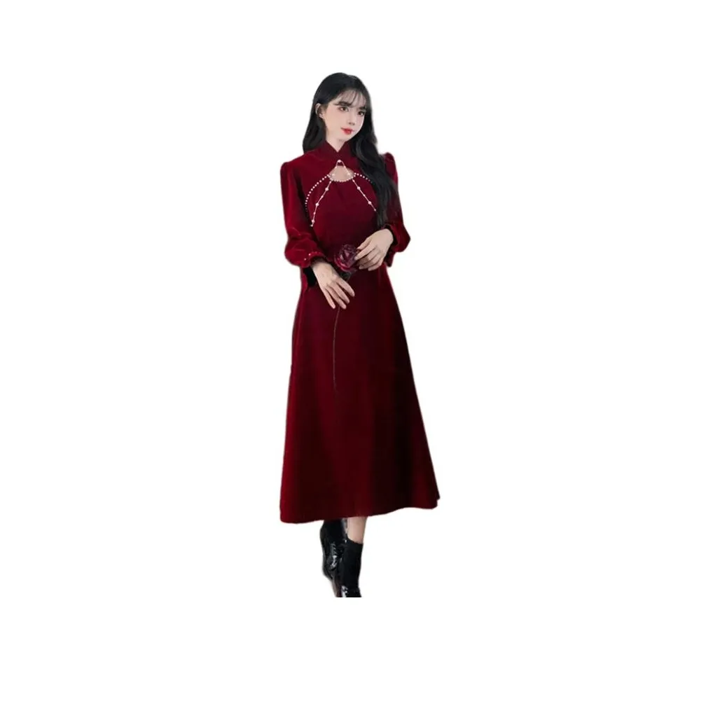 GULIANFEI Длинное платье с длинными рукавами женское красное