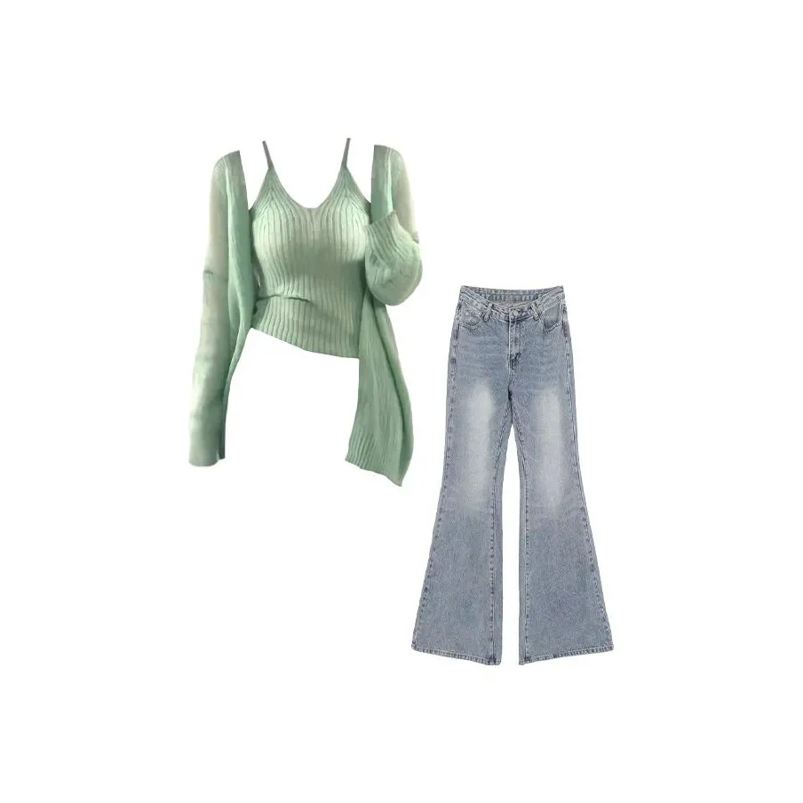MARIE·COCO Светло-зеленый топ, двухкомпонентный набор + джинсы, женские повседневные костюмы