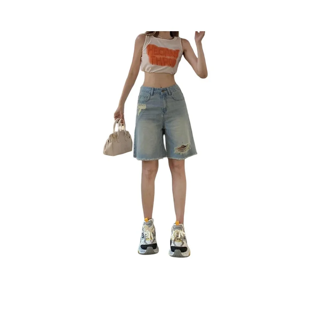 Wen Shan Светло-синие Брюки длиной до колена Женские Джинсовые шорты