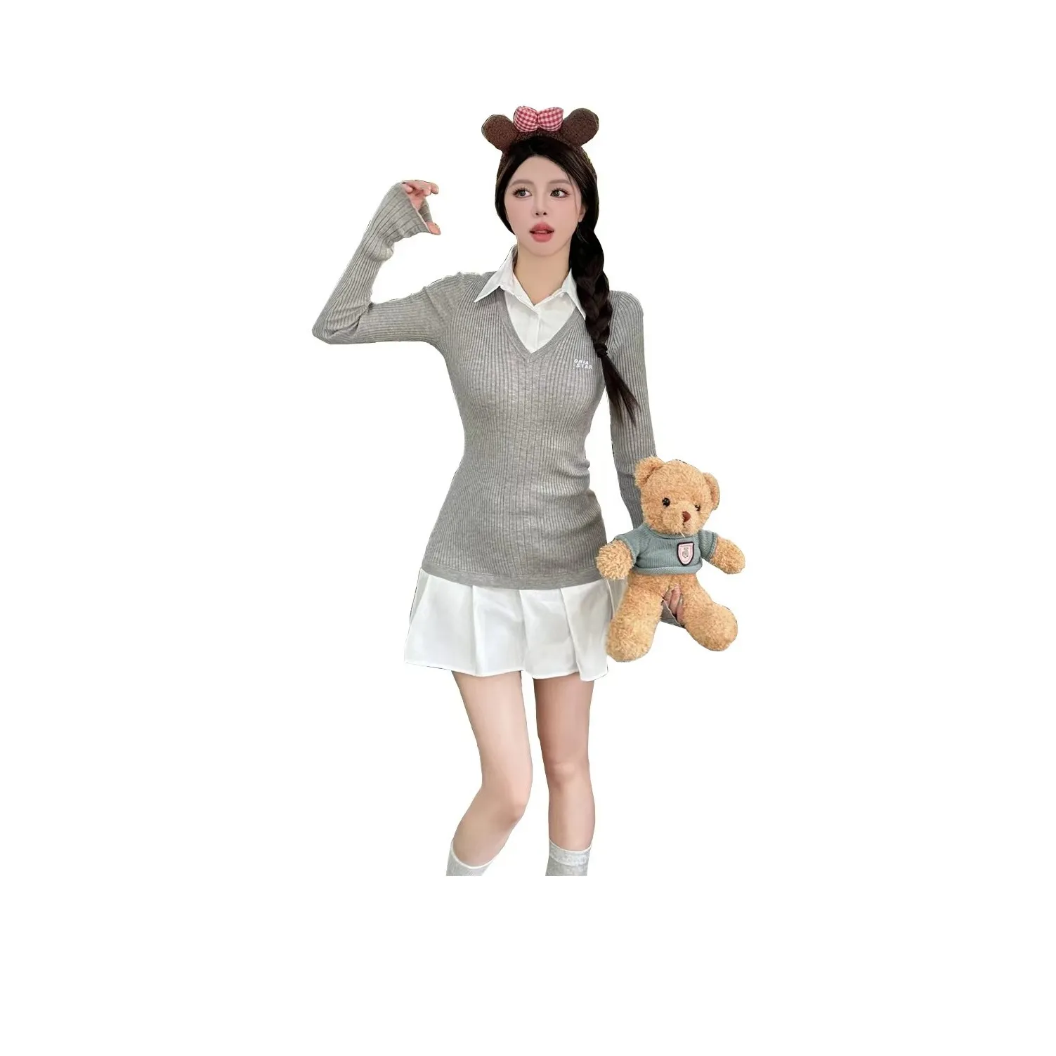 ORIASTAR Длинное платье с длинными рукавами женское серого цвета