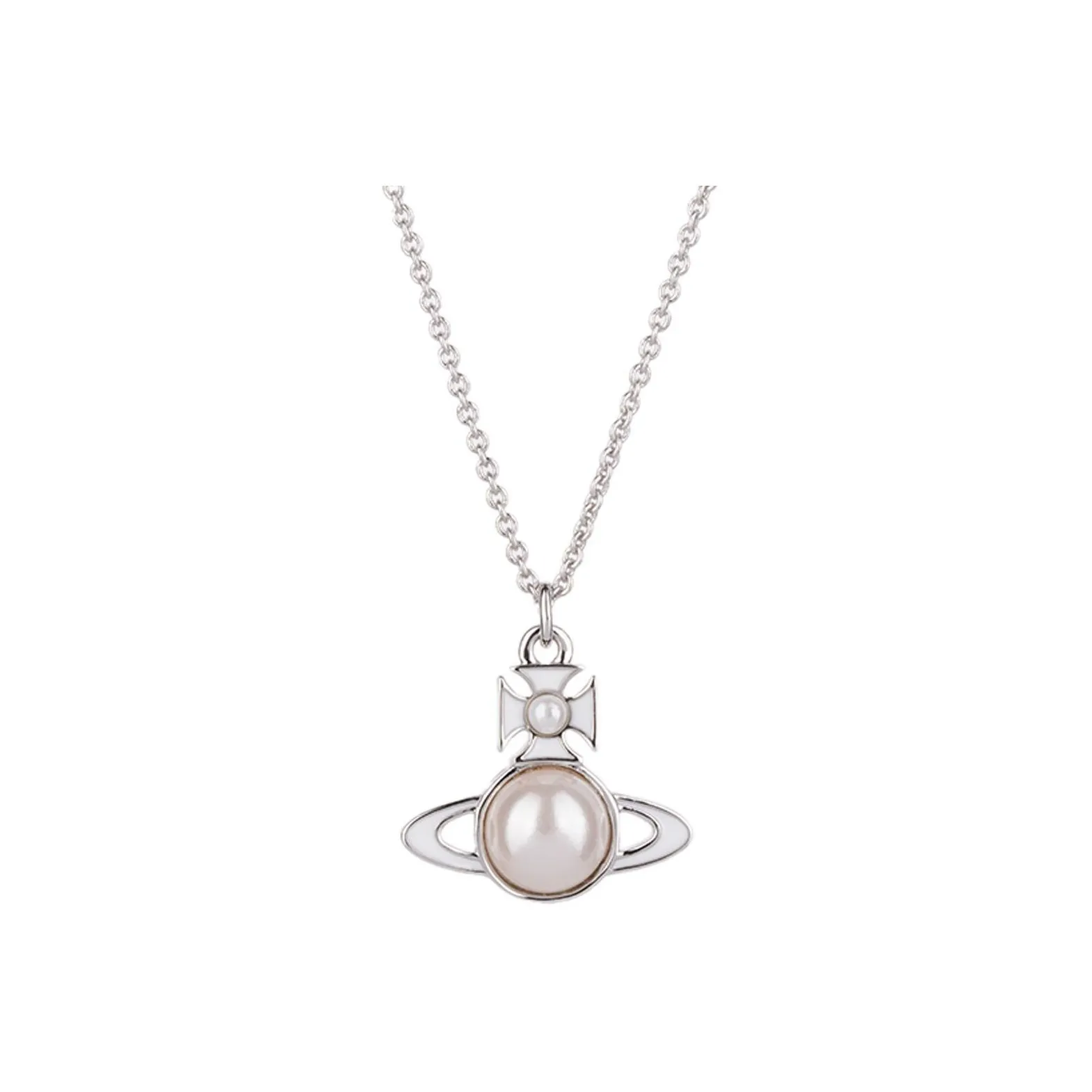 Vivienne Westwood Brass Decorative Pearl Saturn Ceramic Enamel Pendant Necklace Women's Silver