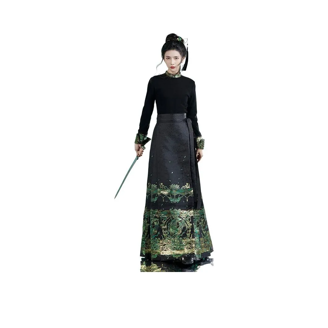 XINGHEHANGE Традиционный китайский стиль Новый китайский стиль Ханьфу Рefined Elegant Повседневный Длинный Юбка Женские Медно-голубой