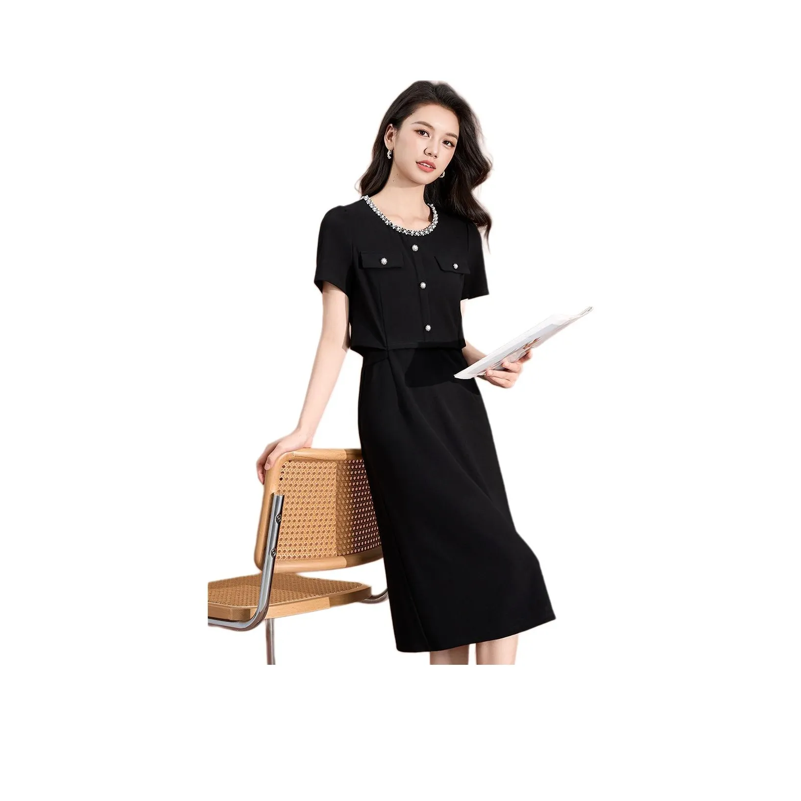 Mylan Короткий рукав Платье с утяжкой на талии Женское Черное