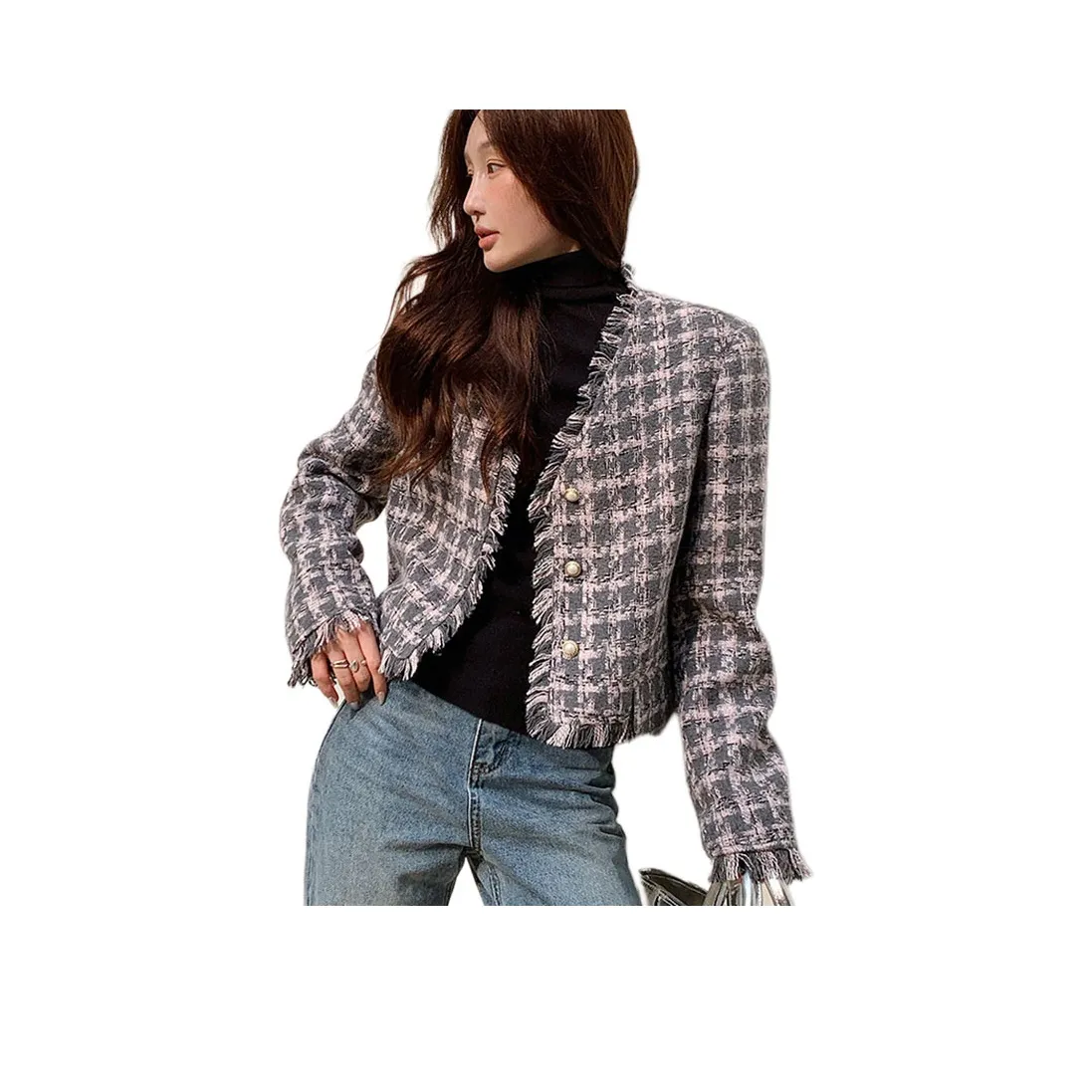 NANING9 Cropped Coat Women's Pink Plaid NANING9 Укороченное пальто женское розовая клетка