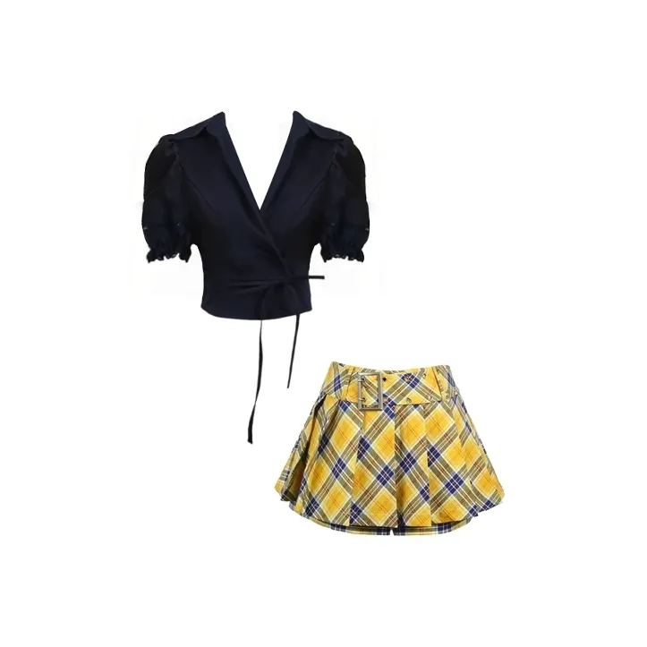 GEZITAI Темно-синий топ + Желтая клетчатая юбка Женские комплекты с юбкой