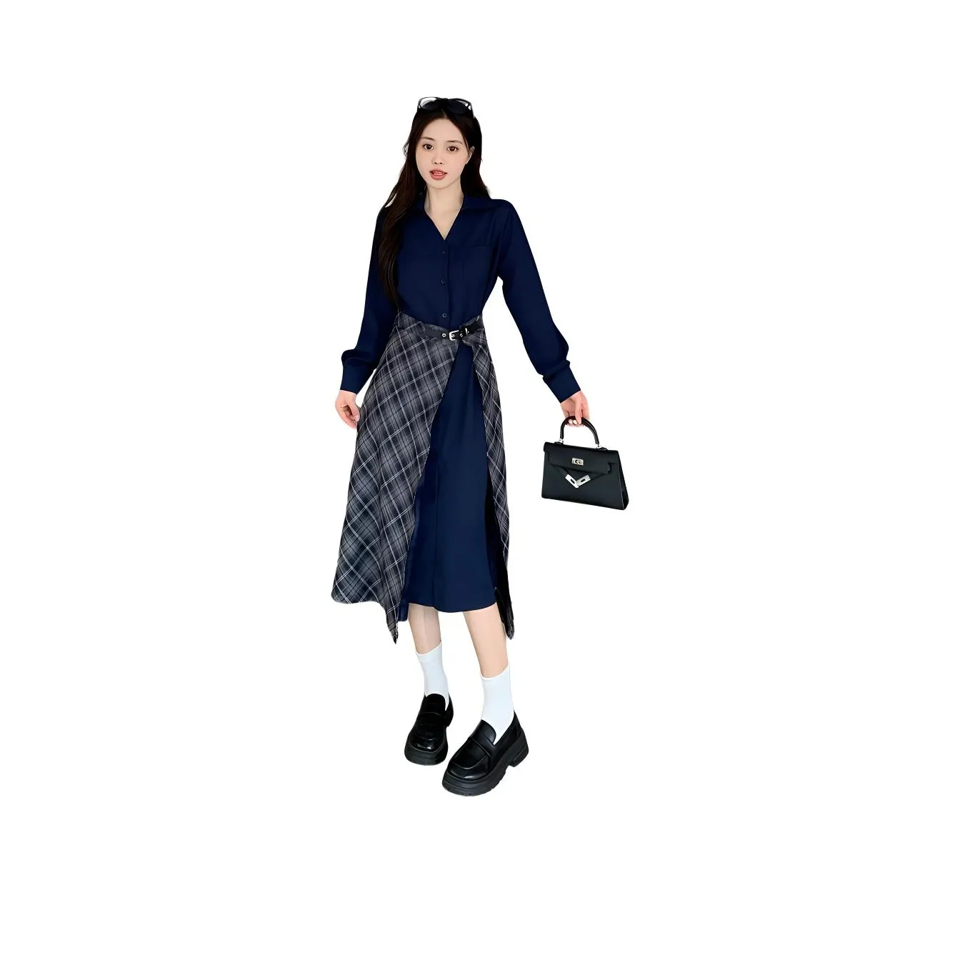 GULIANFEI Long-Sleeved Dresses Women's Navy Blue