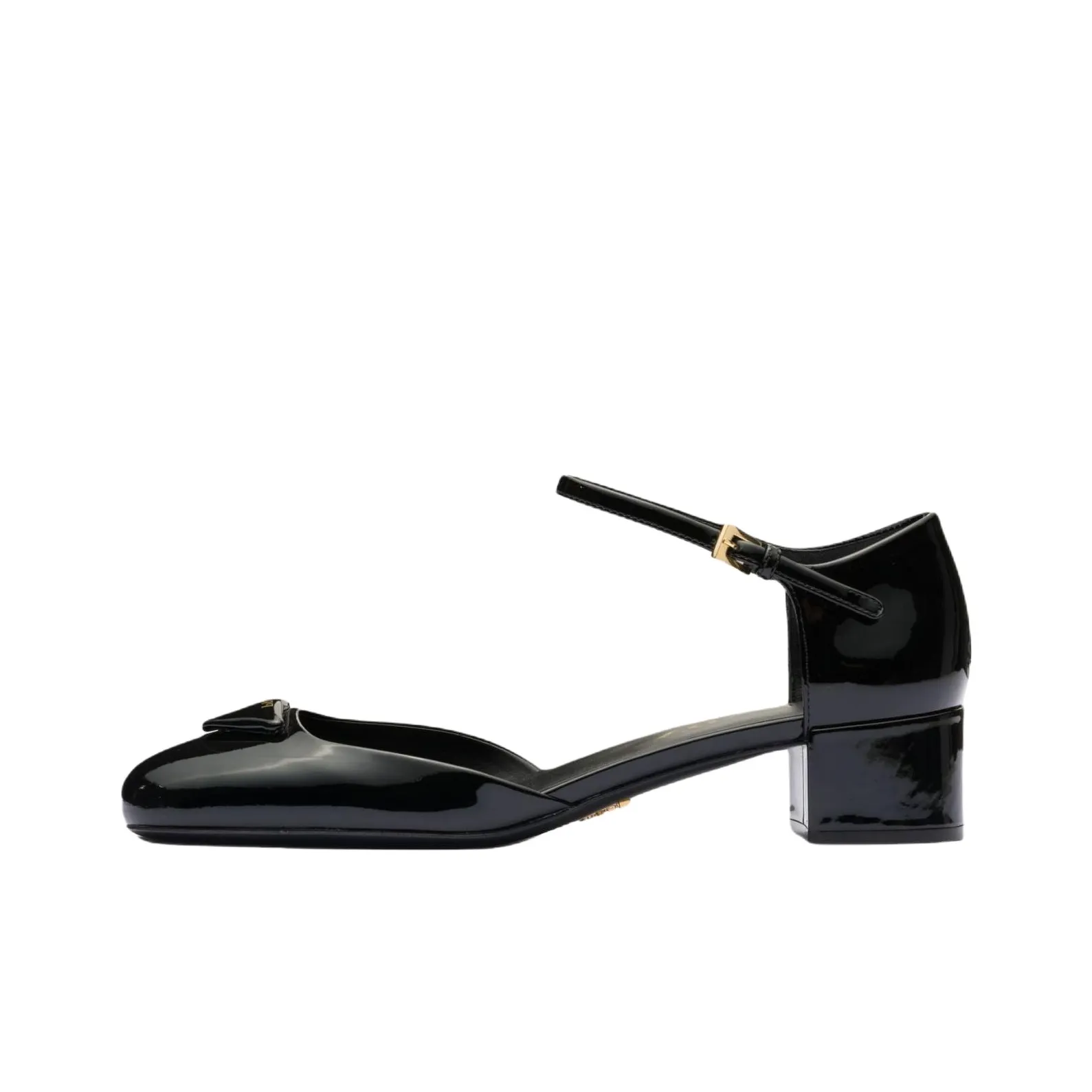 PRADA TRIANGOLO PADDED 35 MID HEEL PUMP ANKLE STRAP PATENT