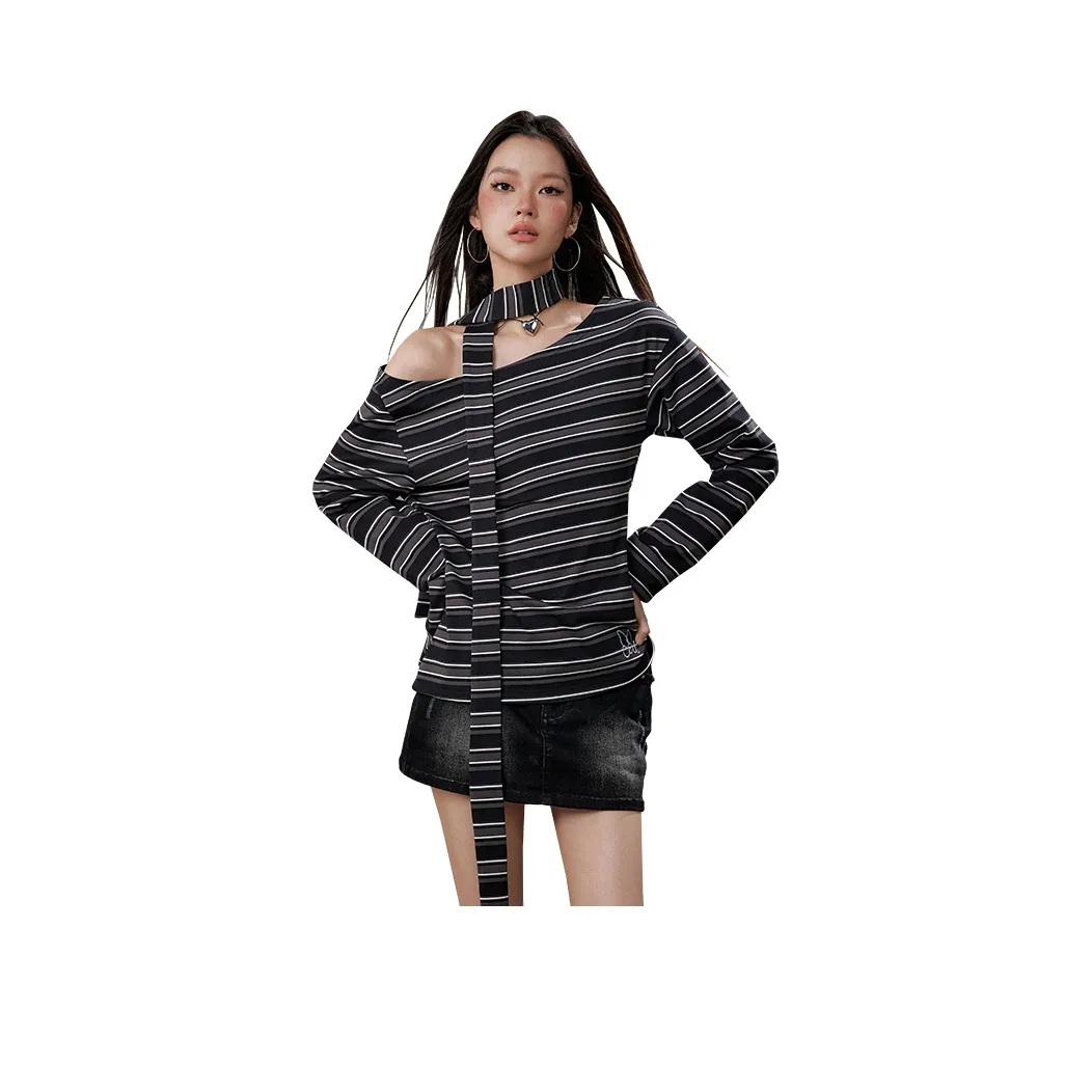 UNIFREE T Рубашка Женская Черная и Серая Полосатая