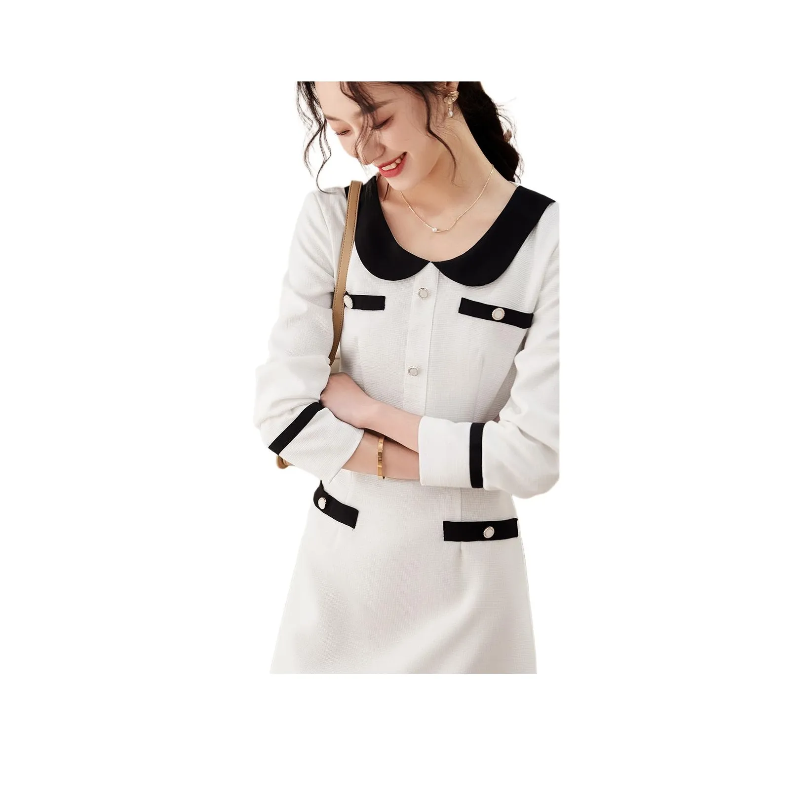 Mo Han Yi Mei Длинный рукав Платье Женское Жемчужно-белый