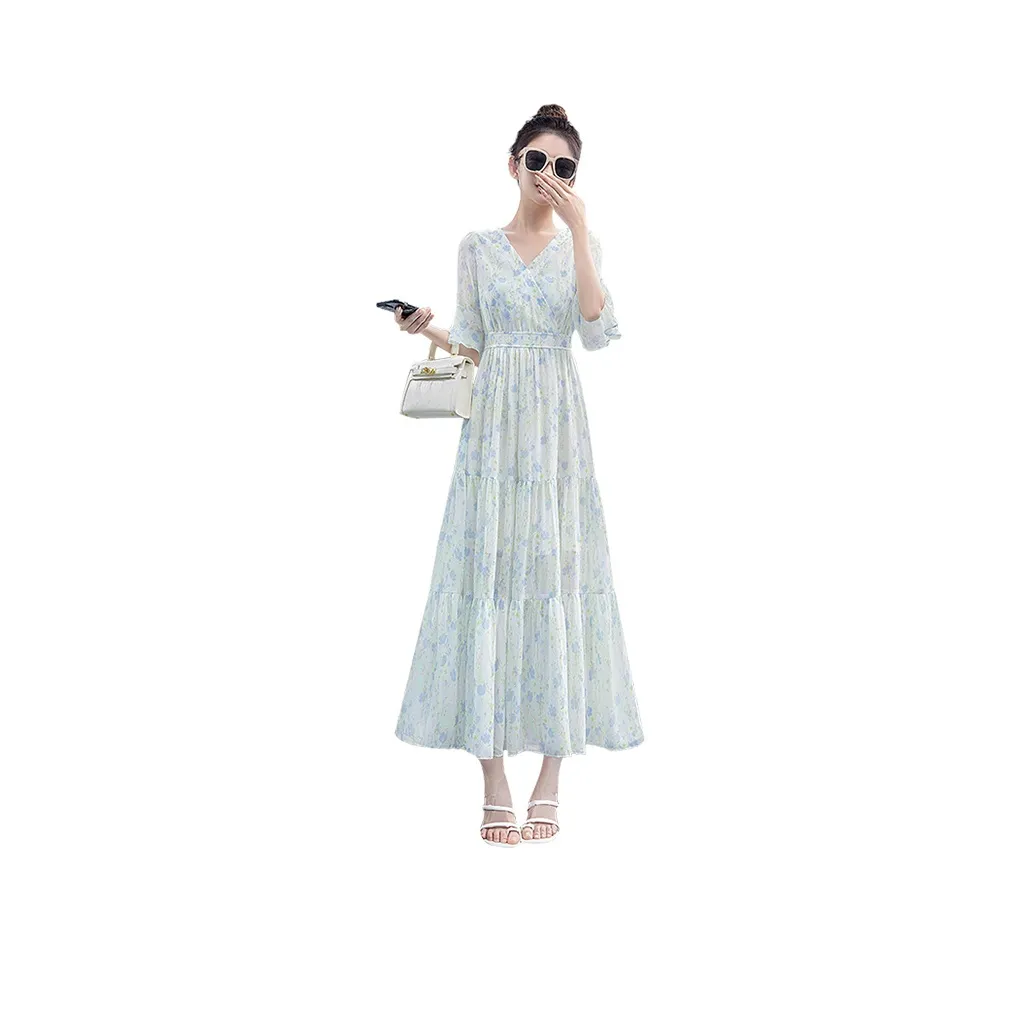 Cypress House Short Sleeved Dress Women's White With Blue Green Floral