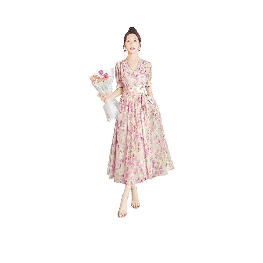 Cypress House Short Sleeved Dress Women's Beige With Pink Green Floral