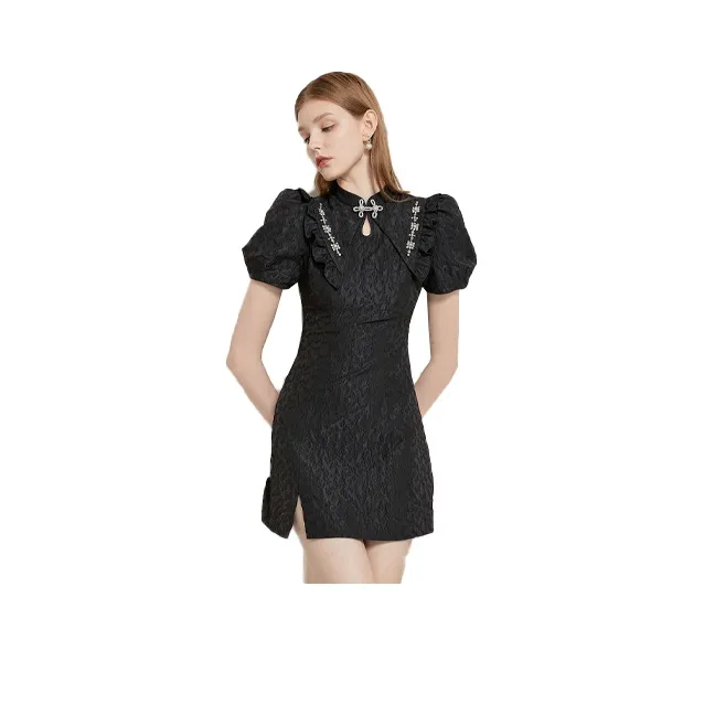 Caroline Черное Женское Короткое Платье с Рукавами