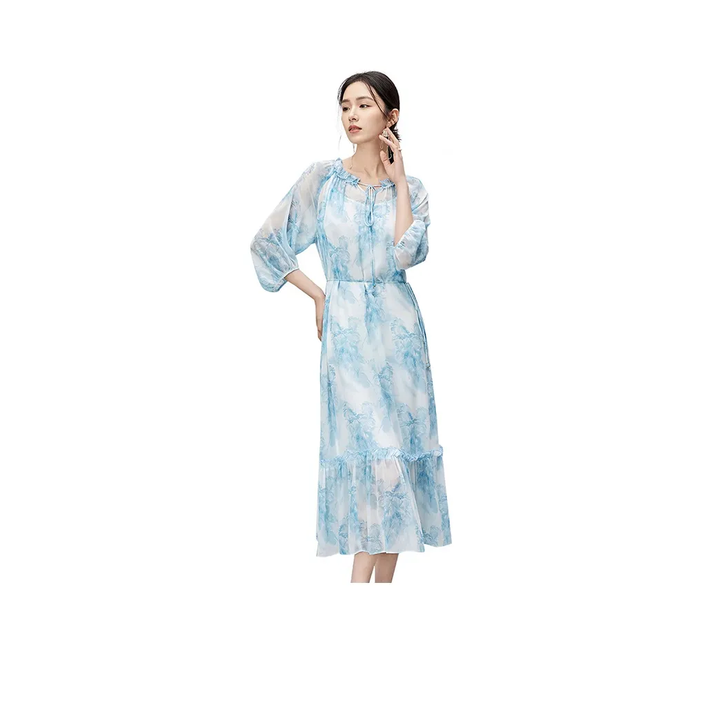SENTUBILA Short Sleeved Dresses Women's White With Blue Floral